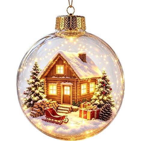 Boule à neige lumineuse 3D en acrylique transparent, décoration à suspendre au sapin de Noël avec le Père Noël et son traîneau de rennes (1/5)