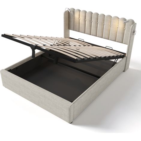 Cama doble 160x200 de lino beige con luces LED de lectura, puertos USB y arcón HOMVRA (1/5)