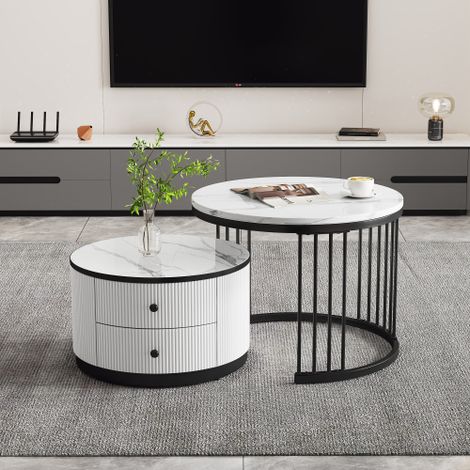 Lot de 2 table basse gigogne ronde 60x60x45,5 cm et 50x50x32 cm, 2 tiroirs, blanc et noir (1/5)