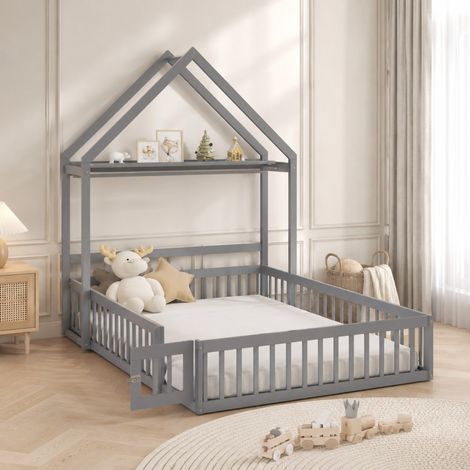DESMIU Lit Enfant 140 × 200 cm 2 Places avec Barrière, Porte, Toit de Rangement et Tringle, Sans Matelas Gris (1/5)