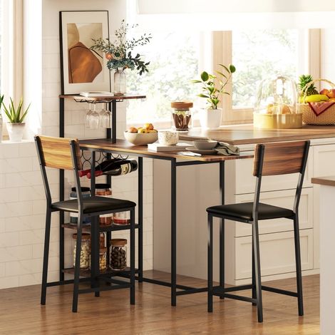 Ensemble bar 3 pièces avec table extensible 110-140 x 40 cm, 2 tabourets, porte-bouteilles et porte-verres, marron (1/5)