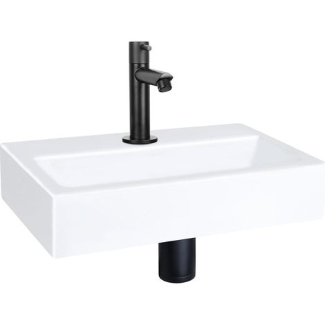 QeramiQ Fuente Pack Lave-mains - 38x7x24cm - 1 trou de robinet - céramique - robinet Noir mat - Blanc brillant (1/5)