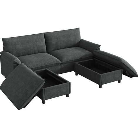 Canapé d’Angle Modulable noir– Assise nuage– Avec 2 repose-pieds mobiles et rangements cachés– Tissu chenille- 216×82×77 cm (1/5)