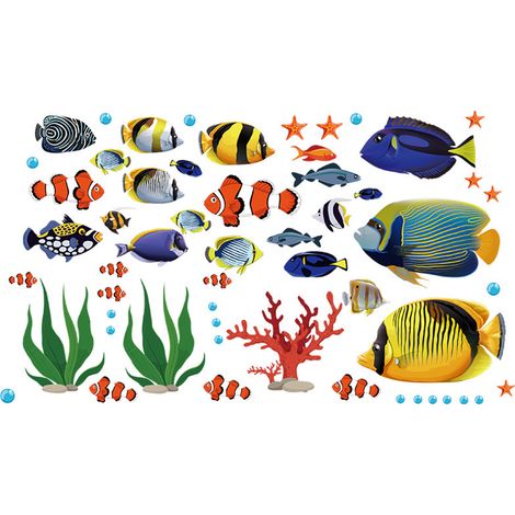 Sticker mural Poissons tropicaux, thème sous-marin, pour chambre d'enfant, salle de bain ou chambre à coucher (1/4)