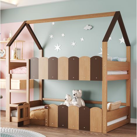 Litera infantil 90x200 cm madera natural con diseño de casa y barreras de seguridad (1/5)