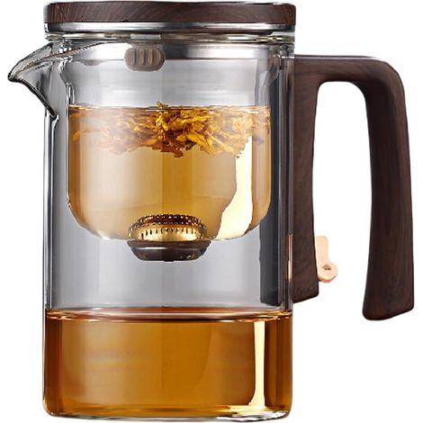 Théière en verre avec chauffe-théière, système de séparation d'eau magique et versement anti-gouttes. 1 pièce. Usage quotidien et service chaleureux. Couleur bois naturel. (1/5)
