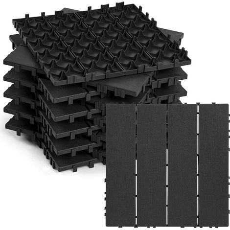 Wolketon 11 Stück Terrassenfliesen 1 qm, 30x30cm Kunststoff Fliesen Klickfliesen Balkonfliesen Holzoptik, Wetterfest, Anti-Rutsch, Anthrazit 4-Streifen