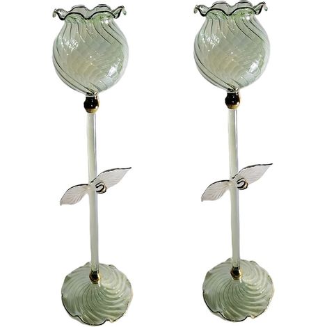 Porta candela candeliere bugia in vetro soffiato verde set da 2 con fiore bianco made in Italia particolare vintage moderno (1/5)