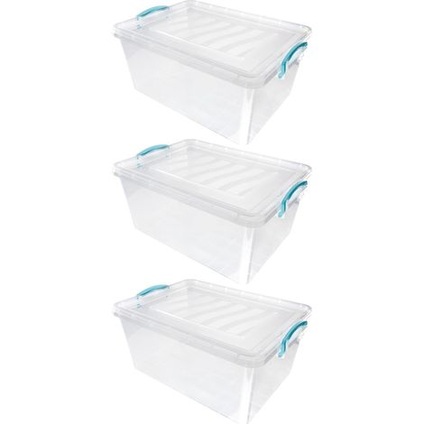 JVL Plastic Clip Lidded Storage Box, Stackable & Nestable, Clear, Set of 3, 25L (1/5)