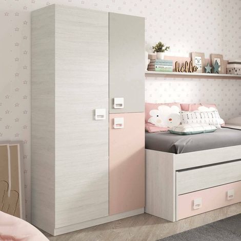 Dmora - Garderobe Dgorett, Kleiderschrank im Schlafzimmer, Schrank mit 3 Türen und 3 Einlegeböden mit Kleiderstange, 90x52h200 cm, Grau und Rosa (1/5)