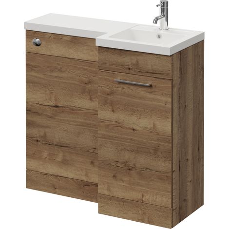 Napoli 390 Tobacco Oak 900mm Single Door Vanity Unit Toilet Suite with Right Hand Square Lucia Basin - 900mm - Chrome 160mm HandleWithout Kingston Toilet Pan