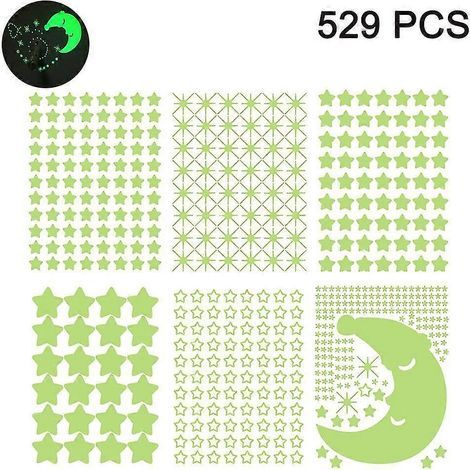 Autocollants phosphorescents (529 pièces), stickers muraux/plafond lumineux lune, points et étoiles pour enfants ou adultes, pour une ambiance relaxante dans la chambre à coucher. (1/5)