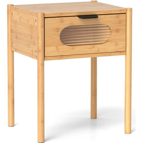 Bambou Naturel et Verre Cannelé Rangement Élégant Table de Chevet Haute Bout de Canapé pour Chambre et Salon (1/5)