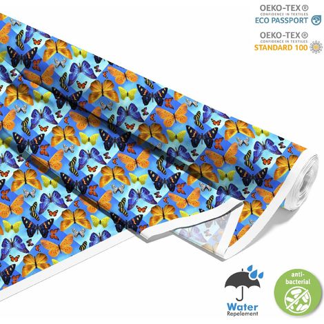 TESSUTI DECORATIVI PER ESTERNI OXFORD - Motivo farfalle colorate su blu I DX572 (1/5)