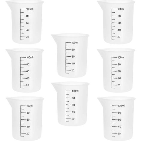 Lot de 8 gobelets doseurs en silicone de 100 ml pour résine, flexibles et antiadhésifs, avec graduation précise. Idéaux pour les loisirs créatifs, les peintures époxy et autres liquides. (1/4)