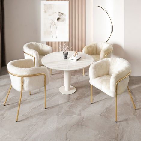 Chaises de salle à manger 4 pcs en fausse fourrure beige avec pieds en métal, style luxe léger, idéales pour salon. (1/5)