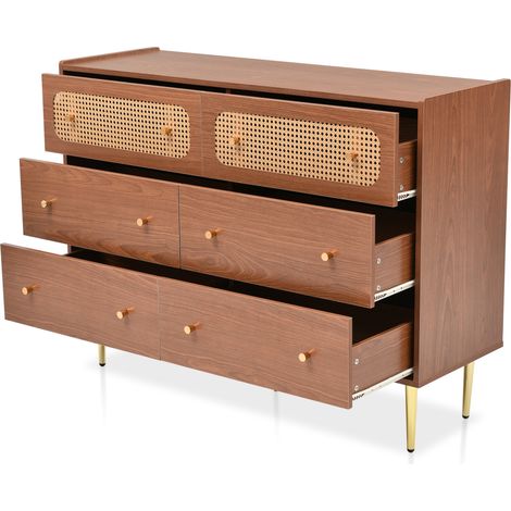 Commode 6 tiroirs en noyer avec pieds métal 20 cm pour chambre et salon H90 x L120 x P40 cm (1/5)