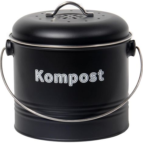 Poubelle bio de cuisine 3,5 l, poubelle bio anti-odeurs avec filtres à charbon actif, seau à compost en métal, déchets biologiques rétro (noir) (1/5)