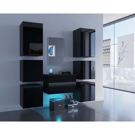 Ensemble de 7 meubles d'entrée muraux et un miroir F3, noir (1/3)
