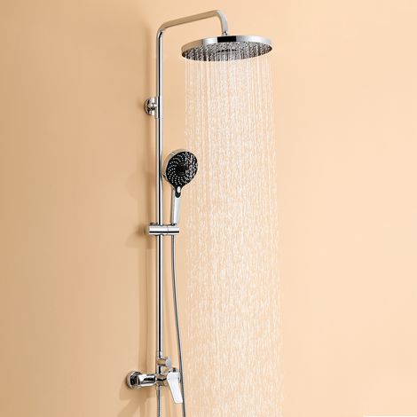 Auralum Max Duschsystem mit Armatur Chrom - Regendusche Aufputz mit Großer Runder Kopfbrause 280mm (360° Drehbar), Handbrause 3 Modi, Höhenverstellbar Duschsäule (1/5)