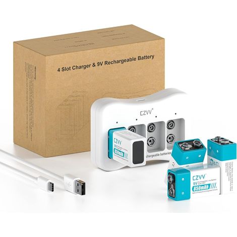 Piles Rechargeables Lithium 9V - Haute Capacité 850mAh 4 Pack avec Chargeur Rapide 2H - Anti-Fuite et Durée de Vie Ultra Longue 10 Ans 8,7V - 1300 Fois Cycles, Détecteurs de Fumée, Radios (1/5)