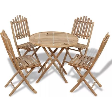 Table ronde et 4 chaises de jardin bambou clair Kyca (1/5)