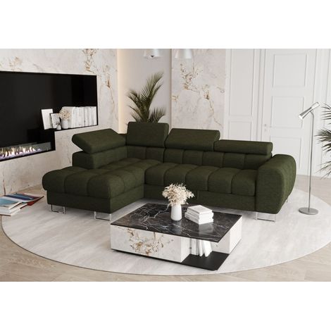 Ecksofa Schlafsofa BASTIEN in Stoff Aragon Grün Ottomane Links