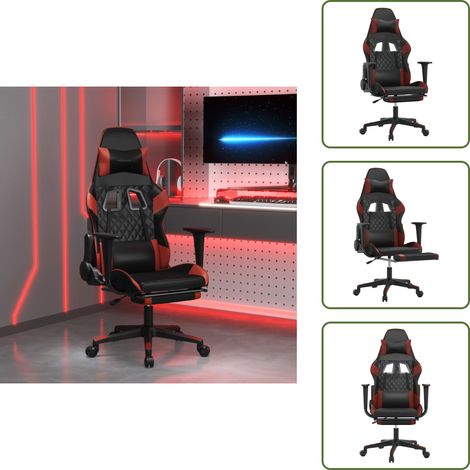 Cuero sintético - vidaXL Silla gaming masaje reposapiés cuero sintético negro rojo tinto - Silla de masaje