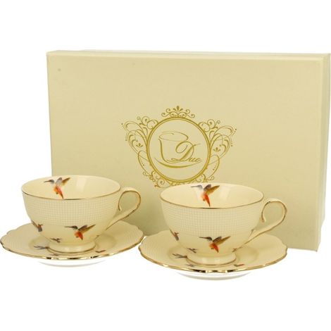 Set di 2 tazzine da caffè espresso con piattino e colibrì in porcellana