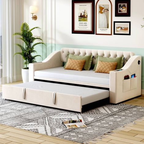 Canapé-lit 90x190cm en velours beige avec accoudoirs larges, port USB et rangements intégrés (1/5)