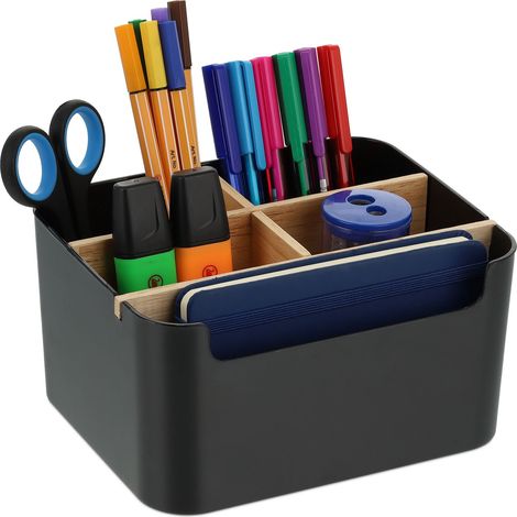 Relaxdays Desk Organiser, 5 Compartments, Plastic and Wood, H x W x D: 9,5 x 18 x 15 cm, Black