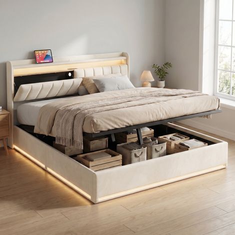 Lit coffre 160x200 cm avec sommier, éclairage LED RGB & prises USB/Type-C, lit double hydraulique, tête de lit avec rangement Intégré, velours, Beige