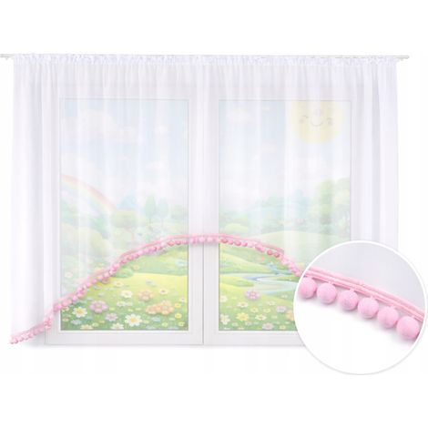 Maja Kindergardine für Mädchen, niedlich, mit Pompons, rosa, 300 x 145
