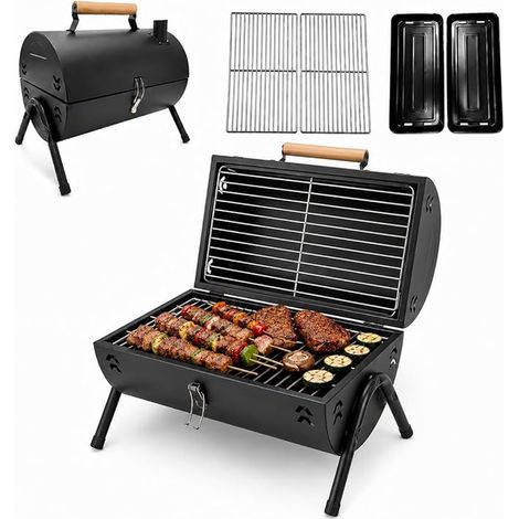 Portable Charcoal Barbecue, Mini Smoker Barbecue with Lid and Fireplace, Table Camping BBQ with Double Grill for Garden Patio (1/5)