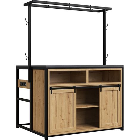 Isla de cocina con 2 taburetes, mueble con enchufe, efecto madera y negro, HOMVRA (1/5)