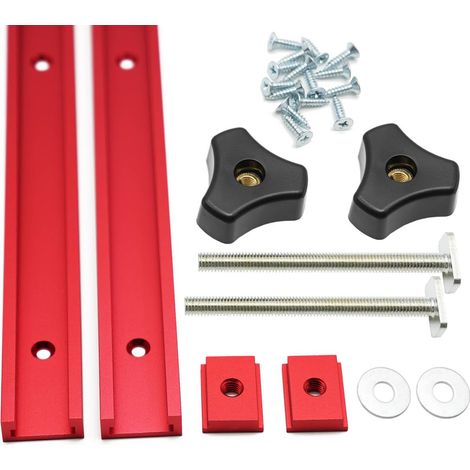 Lot de 2 rails à rainure en T rouges 600 mm en aluminium avec curseur M8, vis M8 avec vis à bouton, vis autotaraudeuses pour gabarits de travail du bois (1/4)