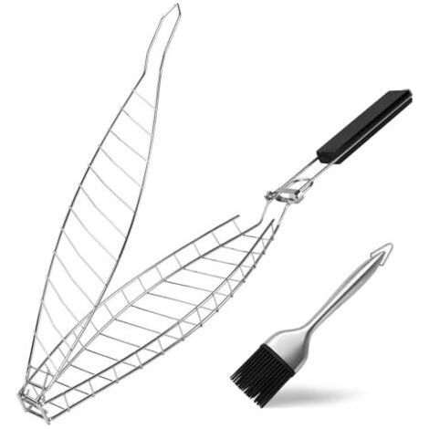 Fischgrillständer mit Ölpinsel, Fischzange zum Grillen, Edelstahl-Fischgrill mit abnehmbarem Griff zum Grillen von Fisch, Steaks und Fischfilets (1/5)