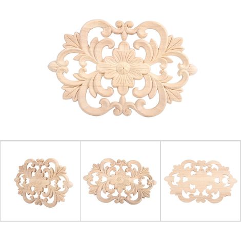 1Pc Applique Bois Sculpté Décoration Meuble Porte Armoire Non Peint (22 x 14cm) (1/5)
