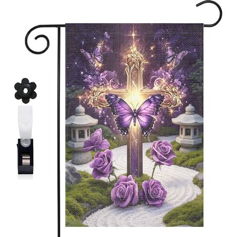 Drapeau vertical tournesols et croix avec roses violettes 30 x 45 cm décoration jardin d'été (1/5)