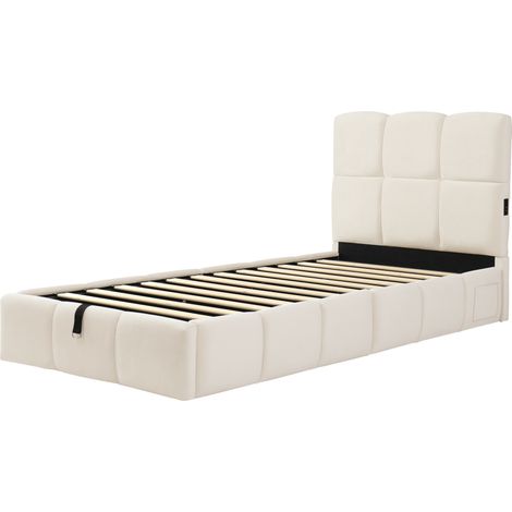 Cama infantil tapizada 90 x 200 cm de terciopelo beige con somier, almacenaje hidráulico y USB-C (1/5)