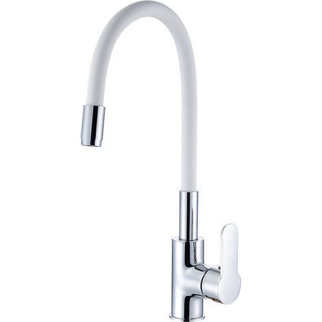 Robinet de Cuisine Flexible Bec Haut Orientable Librement Mitigeur Évier Flexible Laiton Chromé et Blanc Robinet Evier Monotrou à Eau Chaude et Froide,Robinet de Cuisine avec Bec Flexible, Mi (1/5)