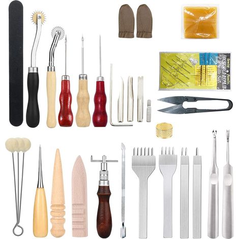 Werkzeuge und Zubehör für die Lederverarbeitung: 26-teiliges Werkzeugset für die Lederverarbeitung mit Rillahle, gewachstem Faden und Fingerhut zum Nähen, Stanzen, Nähen und zur Lederherstellung (1/5)