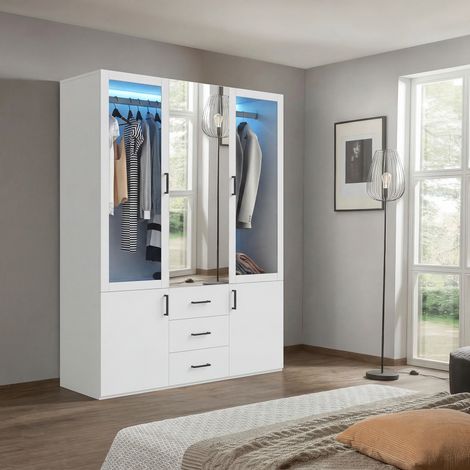 Armoire 3 portes, 2 portes en acrylique transparent, 1 porte miroir central, avec LED et penderie, 2 portes inférieures et 3 tiroirs, Meuble de rangement pour chambre en MDF, Blanc, 130x51x181 cm