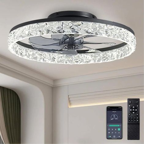 50CM Ventilateur de Plafond Silencieux,DC Réversible Ventilateur Plafond et 6 Vitesses,Dimmable LED Plafonnier Ventilateur Chambre et Telecommande & APP Contrôle (Noir, 50CM)
