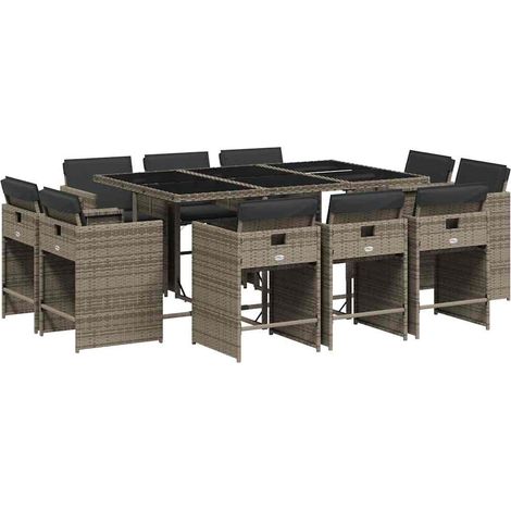 11 Piece Garden Dining Set with Cushions Grey Poly Rattan vidaXL
