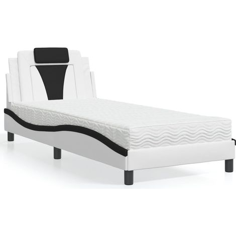 Lit avec matelas 90 x 190 cm, similicuir blanc et noir, sommier à lattes - PANGIVO (1/5)