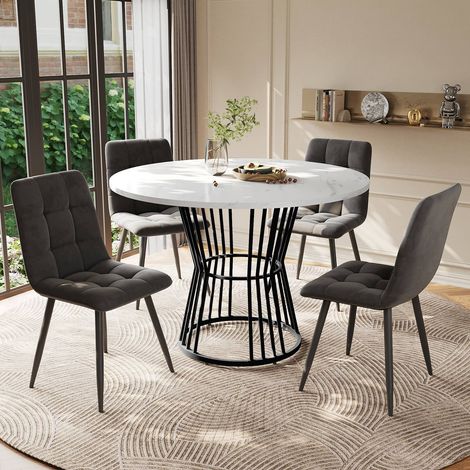 Ensemble repas rond 100cm avec table blanche et 4 chaises en velours gris foncé, pieds métal noirs (1/5)