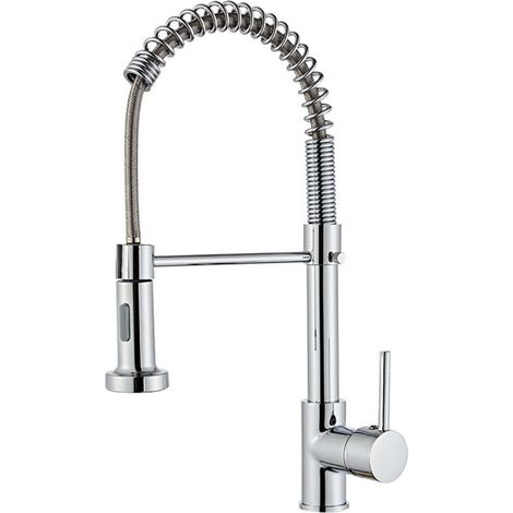 Robinet de cuisine avec douchette, rotatif à 360°, robinet de cuisine à ressort, 2 modes de pulvérisation avec tuyau, mitigeur d'évier froid et chaud à levier unique disponible (argent (1/5)
