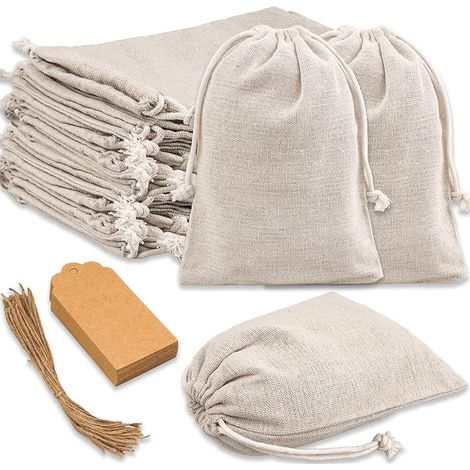 30 pièces de petits sacs en coton avec cordon de serrage et 30 étiquettes cadeaux 13x18 cm - Sacs en tissu non imprimés à remplir pour bijoux, mariage, fête, bricolage, Noël (1/5)