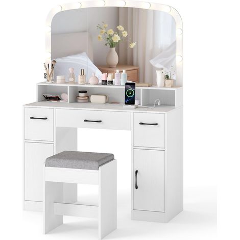 Toeletta con specchio illuminato e sgabello, toeletta con contenitore, luce a 3 colori, tavolo da trucco 108 x 40 x 149 cm, bianco (1/5)